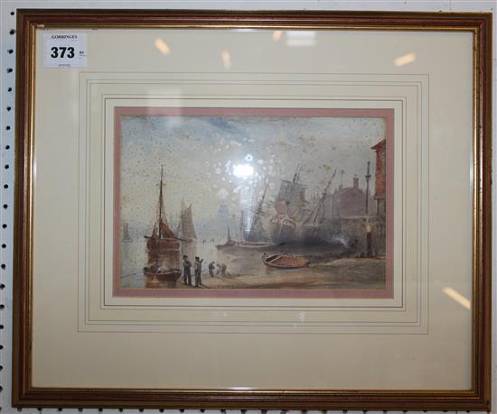 Early 19th century English School, watercolour, The Thames at Billingsgate at low tide(-)